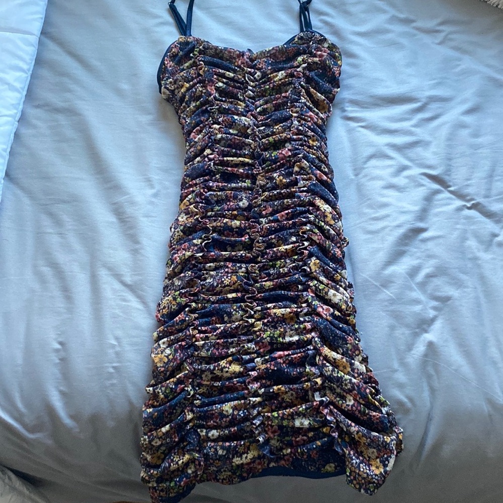 Ruched floral, navy dress